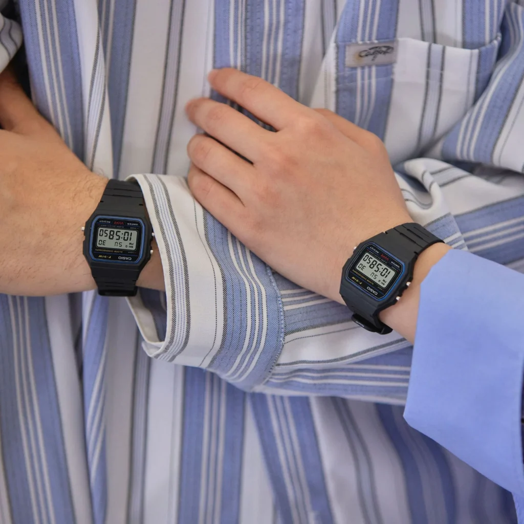 Close-up of Casio F-91W display and buttons