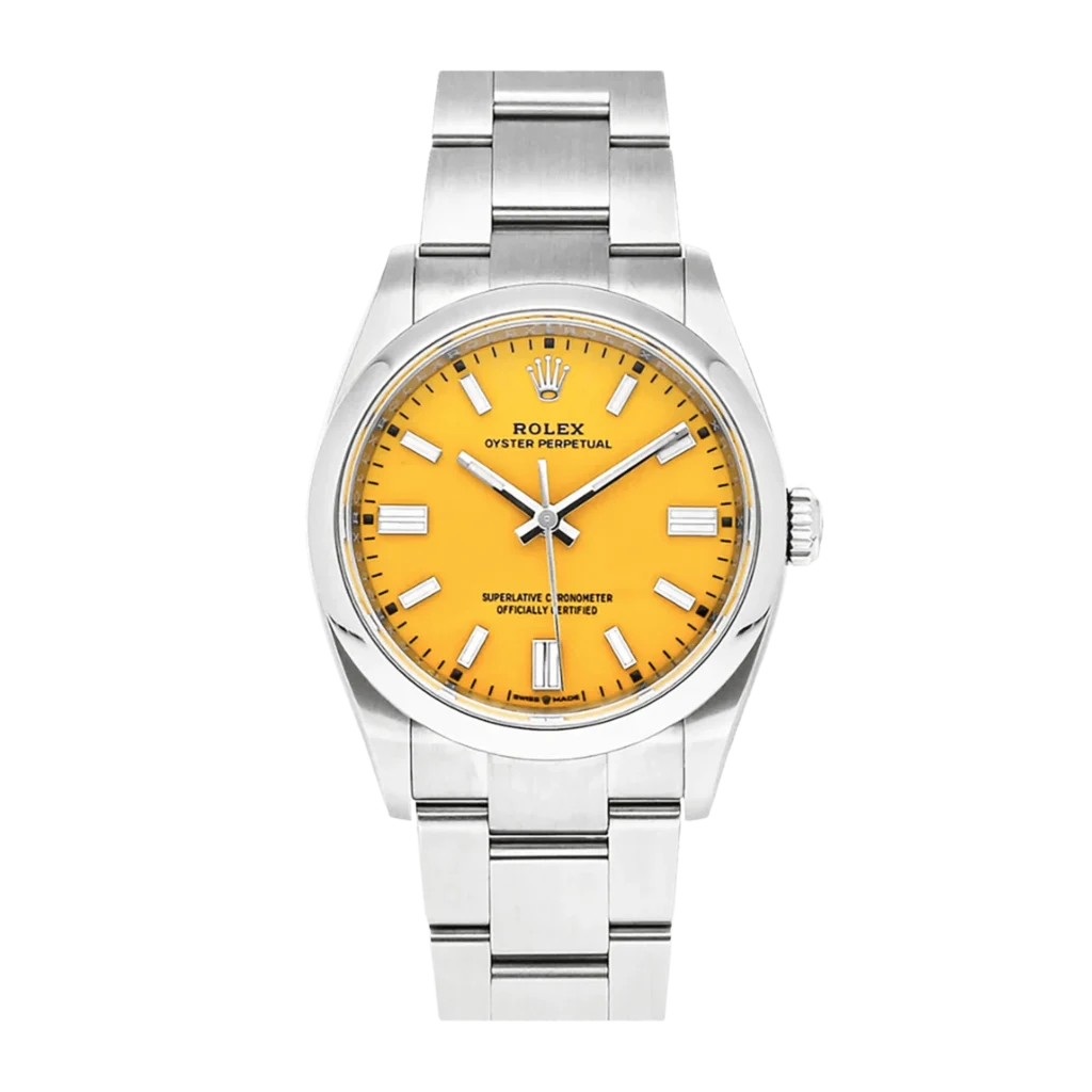 Rolex Oyster Perpetual 36 (Yellow Dial)
Price: ~₹6–7 Lakhs
Type: Automatic
Case Size: 36 mm
Water Resistance: 100 meters
Dial Feature: Lacquered yellow with baton hour markers
Other Specs: COSC-certified, Oystersteel case, perpetual rotor movement
Why It Slaps: This is what you get when you mix tradition with audacity. That minimalist yellow face is pure Rolex class—but with a rebellious twist.
